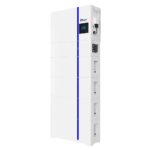 Tall white electrical cabinet with a vertical blue stripe, compartments, connectors, and a small display screen in the upper right.