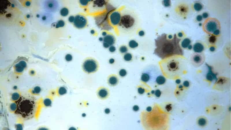 Close-up view of various molds and bacteria colonies growing on an agar plate, displaying different colors and textures.