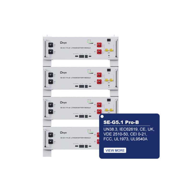 Fire SE-G5.1 Pro-B litiumbatterimoduler med certificeringsmærkater ved siden af en blå certificeringsboks og knappen "Vis mere".