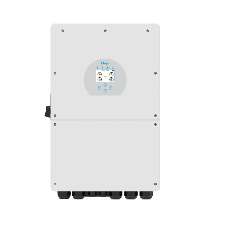 High-efficiency Deye solar inverter for residential and commercial energy systems, model SUN-12/14/16K-SG01LP1-EU, with advanced control panel and multiple connection ports.