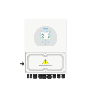 Solární invertor DEYE model Sun-3/3.6/5/6K-SG04LP1-EU s digitálním displejem a výstražným štítkem, určený pro efektivní přeměnu solární energie.