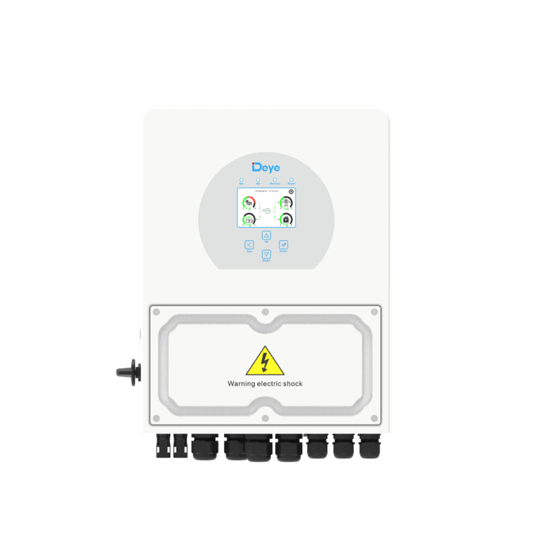 DEYE solar inverter model Sun-3/3.6/5/6K-SG04LP1-EU with digital display and warning label, designed for efficient solar energy conversion.