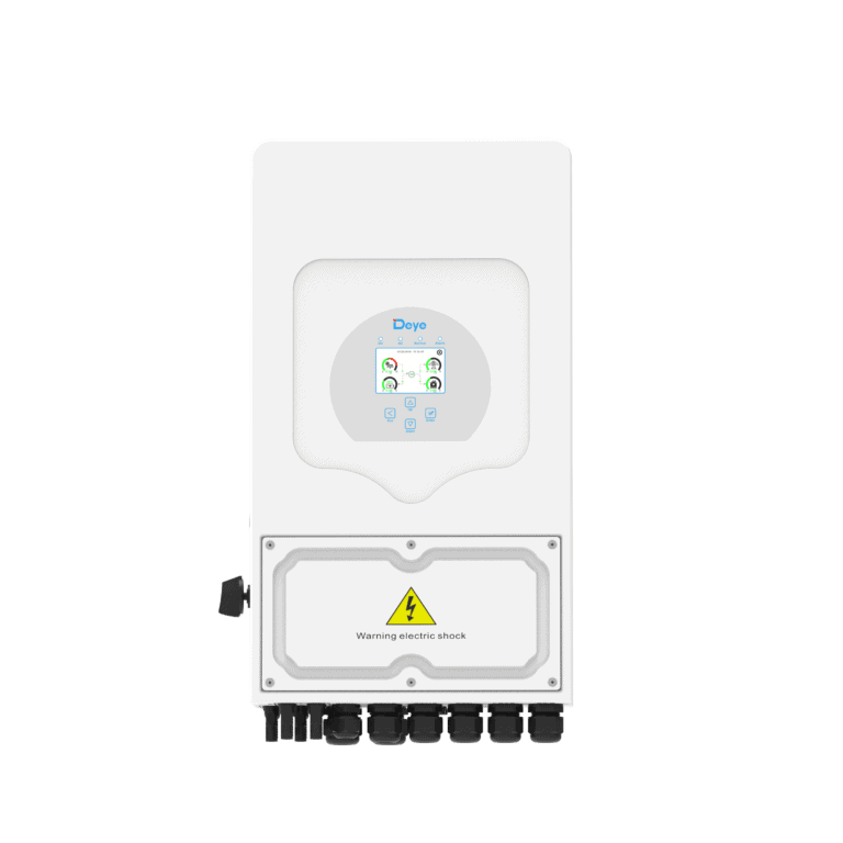High-efficiency Deye inverter for solar power systems, model SUN-3.6/5/6/7/7.6/8/10K-SG05LP1-EU, with LCD display and safety warning for electric shock protection.