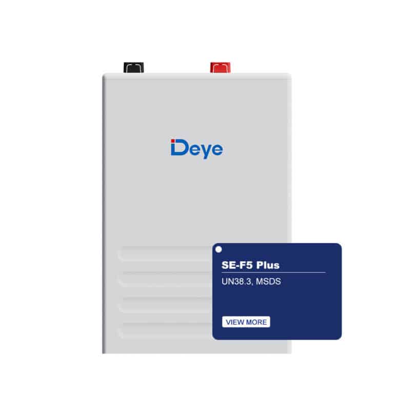 Deye SE-F5 solcellebatteri med sort/røde terminaler, blå etiket (“SE-F5 Plus”) og “VIS MERE”-knap øverst.