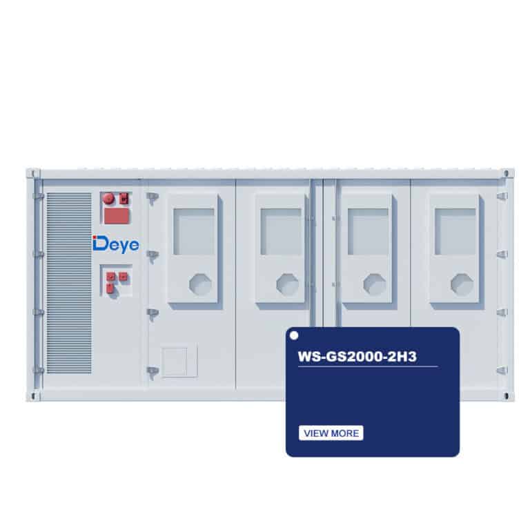 Biely priemyselný kontajner s vetracími otvormi, logom Deye, ovládacími panelmi a modrým štítkom „WS-GS2000-2H3“ s tlačidlom „Zobraziť viac“.