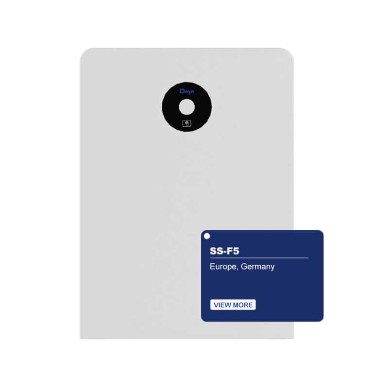White Deye SS-F5 (EU) home battery with circular display, blue "Europe, Germany" label, and a "View More" button.