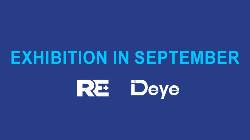 Blue background with "EXHIBITION IN SEPTEMBER" above RE+ and Deye logos.